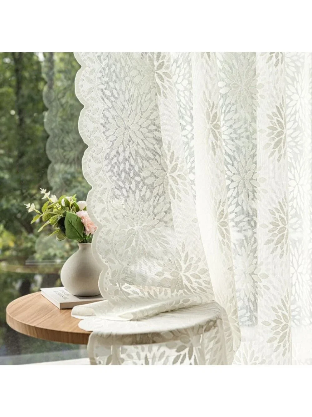 Vintage Floral Lace Curtains, Scalloped Design, Ivory 52